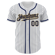 Load image into Gallery viewer, Custom White Navy Pinstripe Old Gold Authentic Baseball Jersey
