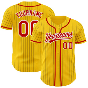 Custom Yellow Black Pinstripe Red-White Authentic Baseball Jersey