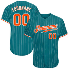Load image into Gallery viewer, Custom Teal White Pinstripe Orange-White Authentic Baseball Jersey
