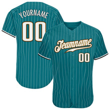 Load image into Gallery viewer, Custom Teal White Pinstripe White-Old Gold Authentic Baseball Jersey

