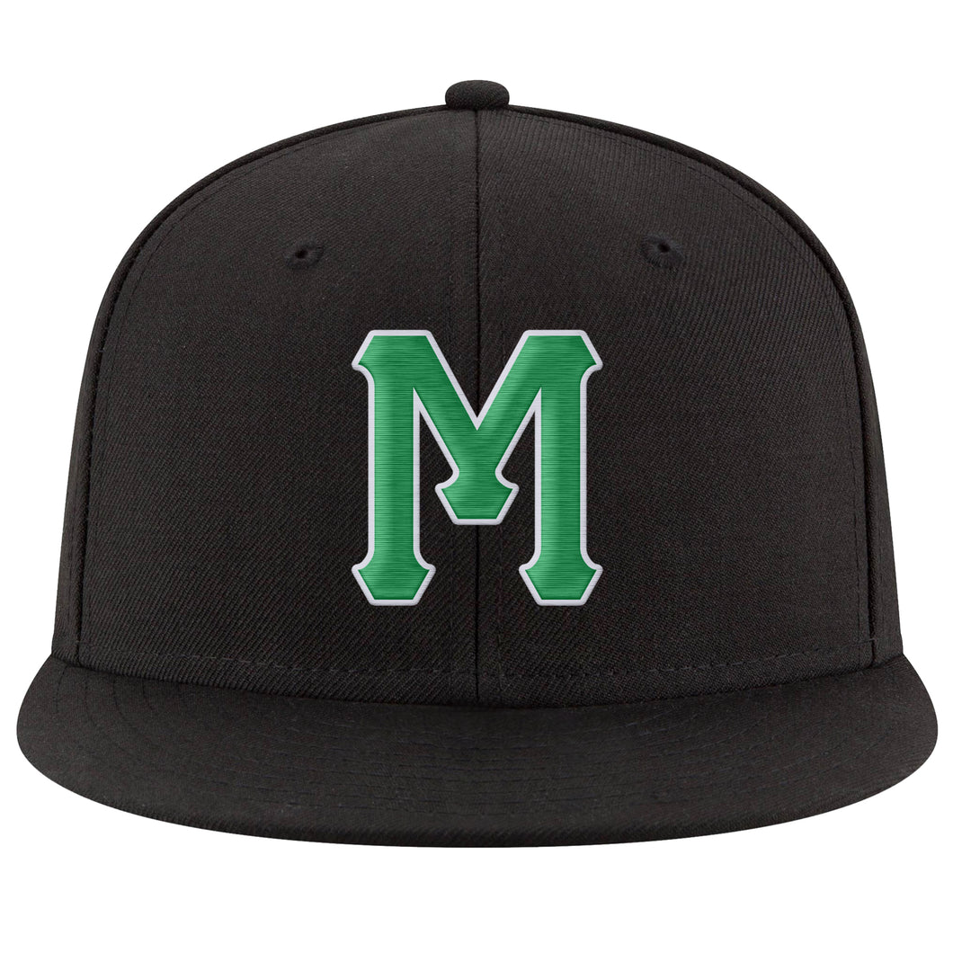 Custom Black Kelly Green-White Stitched Adjustable Snapback Hat