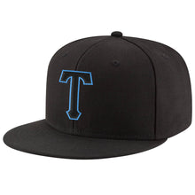 Load image into Gallery viewer, Custom Black Black-Powder Blue Stitched Adjustable Snapback Hat
