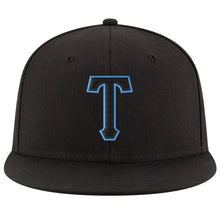 Load image into Gallery viewer, Custom Black Black-Powder Blue Stitched Adjustable Snapback Hat
