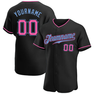 Custom Black Pink-Light Blue Authentic Baseball Jersey