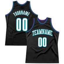 Load image into Gallery viewer, Custom Black White-Teal Authentic Throwback Basketball Jersey
