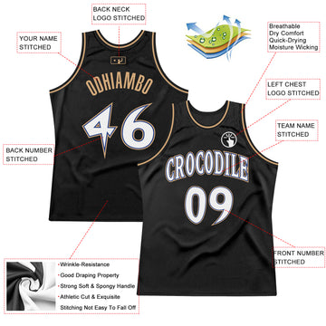 Custom Black White-Old Gold Authentic Throwback Basketball Jersey