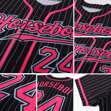 Load image into Gallery viewer, Custom Black White Pinstripe Pink-Light Blue Authentic Baseball Jersey
