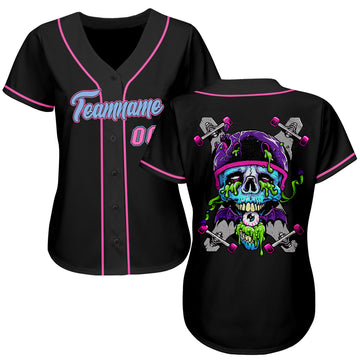 Custom Black Light Blue-Pink Authentic Skull Fashion Baseball Jersey