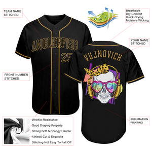 Custom Black Black-Old Gold Authentic Skull Fashion Baseball Jersey