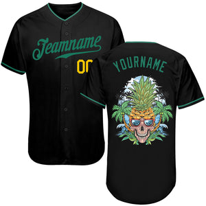 Custom Black Kelly Green-Gold Authentic Skull Pineapple Head Baseball Jersey