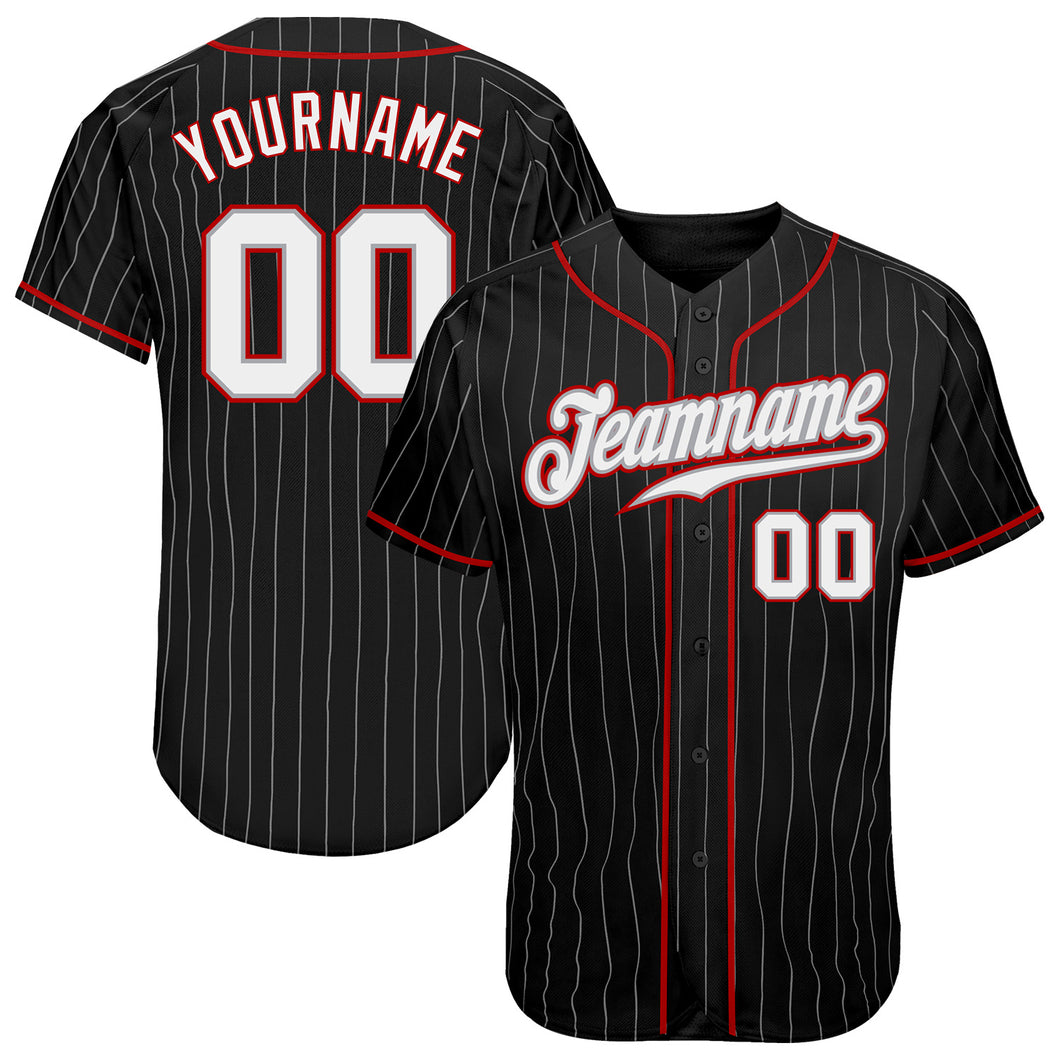 Custom Black Gray Pinstripe White-Red Authentic Baseball Jersey