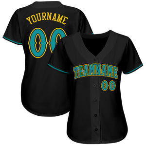 Custom Black Teal-Gold Authentic Baseball Jersey