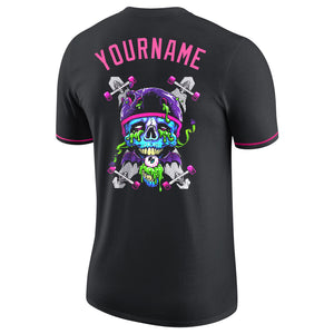 Custom Black Light Blue-Pink Skull Fashion Performance T-Shirt