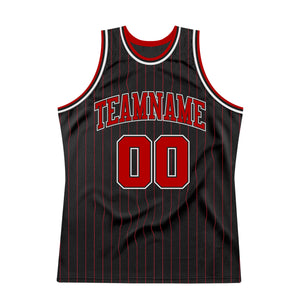 Custom Black Red Pinstripe Red-White Authentic Throwback Basketball Jersey