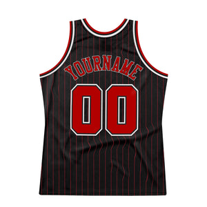 Custom Black Red Pinstripe Red-White Authentic Throwback Basketball Jersey