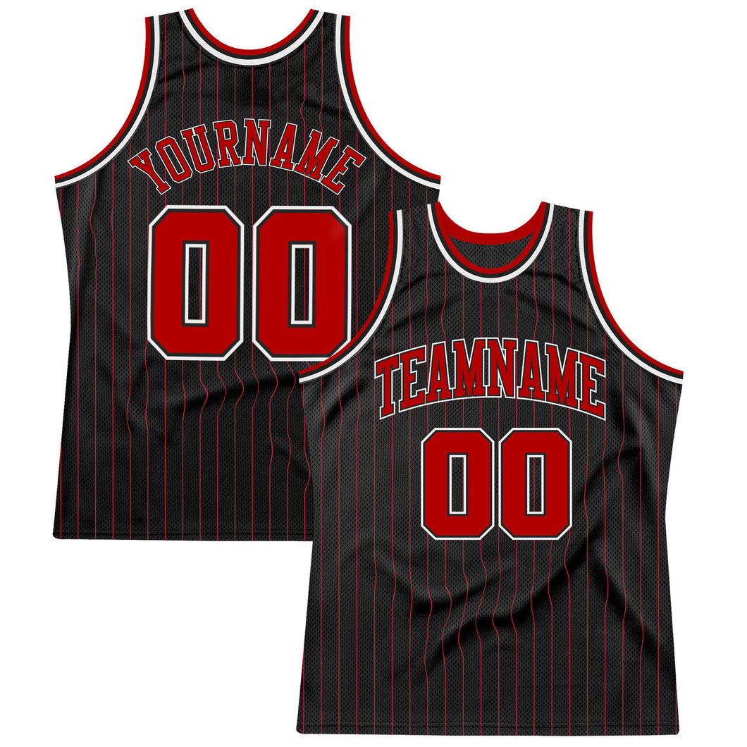 Custom Black Red Pinstripe Red-White Authentic  Basketball Jersey