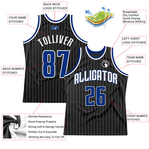 Custom Black White Pinstripe Royal-White Authentic Throwback Basketball Jersey