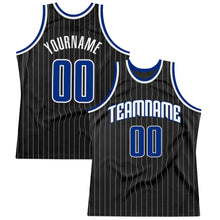Load image into Gallery viewer, Custom Black White Pinstripe Royal-White Authentic Throwback Basketball Jersey
