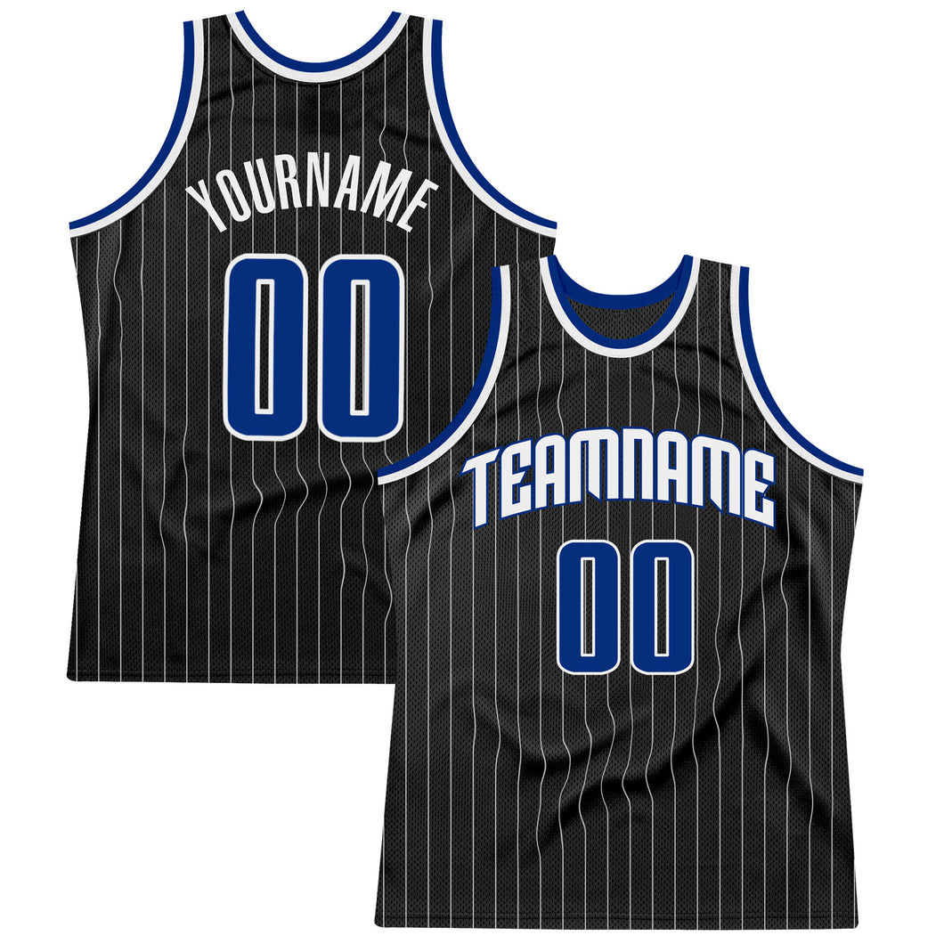 Custom Black White Pinstripe Royal-White Authentic  Basketball Jersey