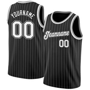 Custom Black White Pinstripe White-Gray Authentic Throwback Basketball Jersey