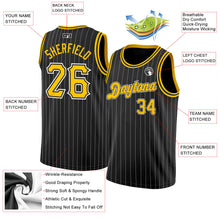 Load image into Gallery viewer, Custom Black White Pinstripe Gold-White Authentic Basketball Jersey
