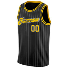 Load image into Gallery viewer, Custom Black White Pinstripe Gold-White Authentic Basketball Jersey
