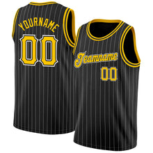 Load image into Gallery viewer, Custom Black White Pinstripe Gold-White Authentic Basketball Jersey
