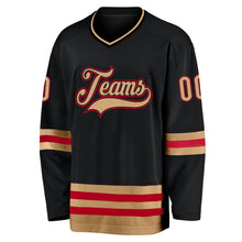 Load image into Gallery viewer, Custom Black Old Gold-Red Hockey Jersey
