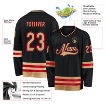 Load image into Gallery viewer, Custom Black Old Gold-Red Hockey Jersey
