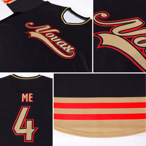 Custom Black Old Gold-Red Hockey Jersey