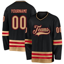 Load image into Gallery viewer, Custom Black Old Gold-Red Hockey Jersey
