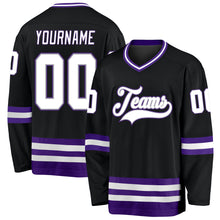 Load image into Gallery viewer, Custom Black White-Purple Hockey Jersey
