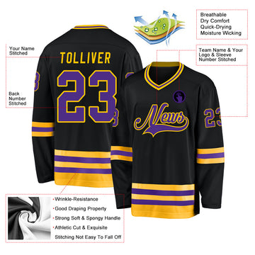 Custom Black Purple-Gold Hockey Jersey
