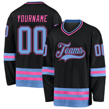 Load image into Gallery viewer, Custom Black Light Blue-Pink Hockey Jersey
