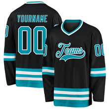 Load image into Gallery viewer, Custom Black Teal-White Hockey Jersey
