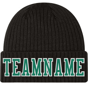 Custom Black Kelly Green-White Stitched Cuffed Knit Hat