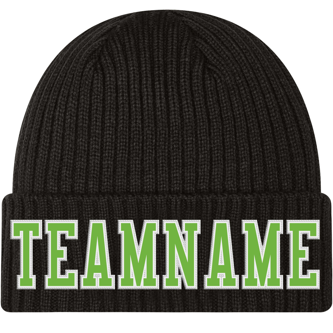 Custom Black Neon Green-White Stitched Cuffed Knit Hat