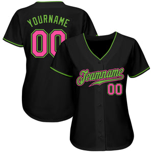 Custom Black Pink-Neon Green Authentic Baseball Jersey