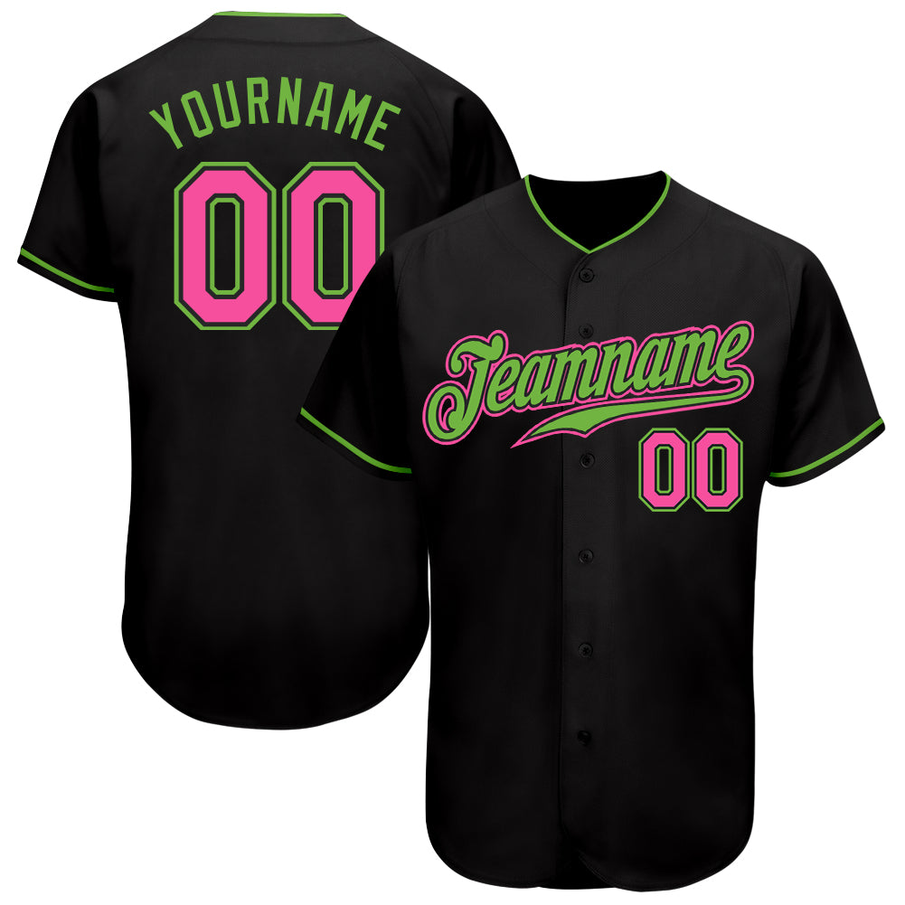 Custom Black Pink-Neon Green Authentic Baseball Jersey