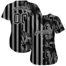 Load image into Gallery viewer, Custom Black Black-Gray 3D Pattern Design Leopards And Tropical Palm Leaves Authentic Baseball Jersey
