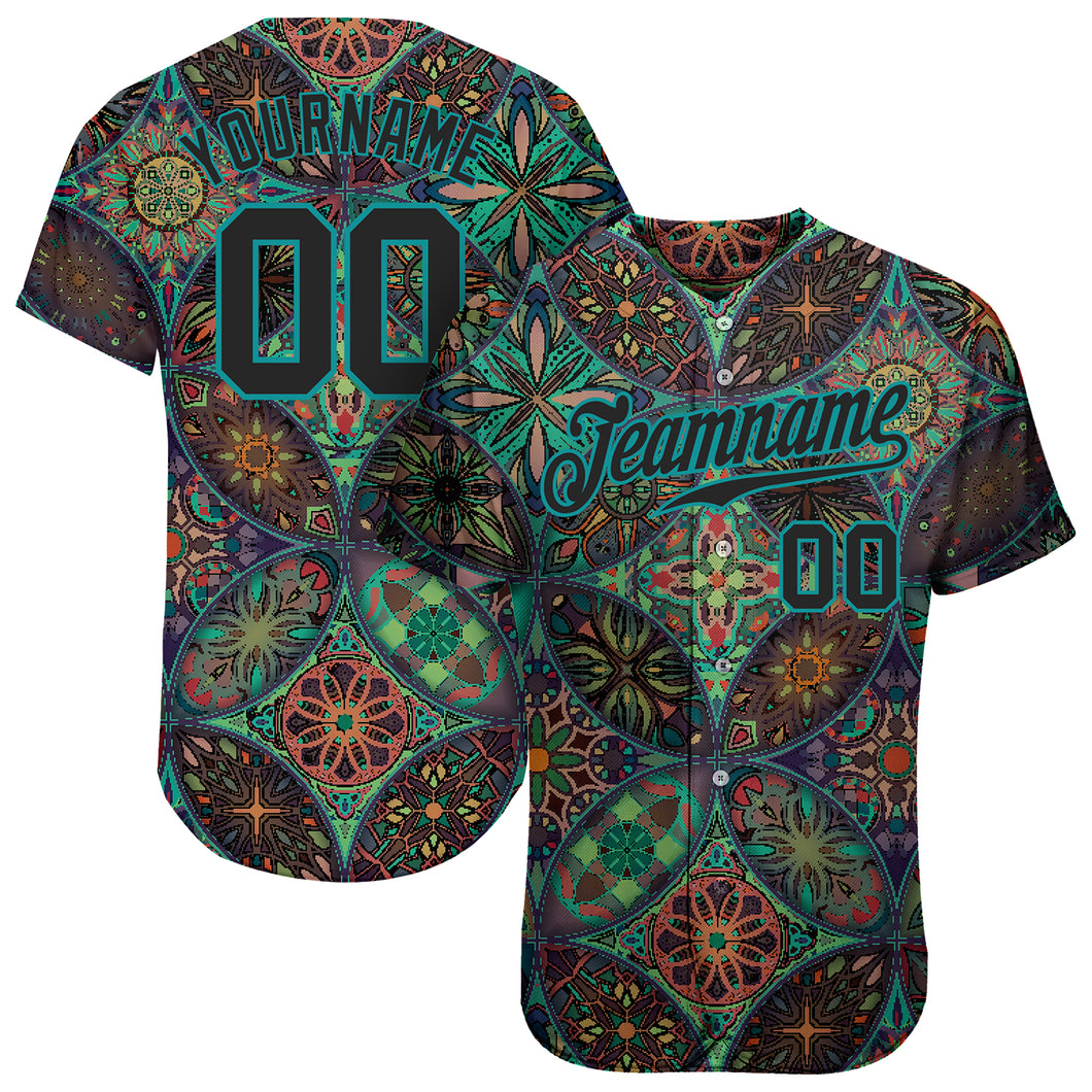 Custom Black Black-Teal 3D Pattern Design Mandalas Authentic Baseball Jersey