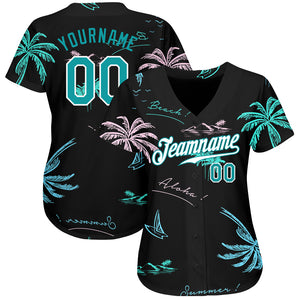 Custom Black Teal-White 3D Pattern Design Hawaii Palm Trees Authentic Baseball Jersey