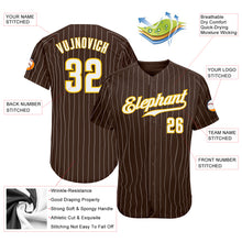 Load image into Gallery viewer, Custom Brown White Pinstripe White-Gold Authentic Baseball Jersey
