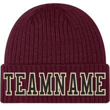 Load image into Gallery viewer, Custom Burgundy Black-Cream Stitched Cuffed Knit Hat
