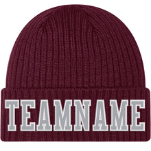 Load image into Gallery viewer, Custom Burgundy Gray-White Stitched Cuffed Knit Hat

