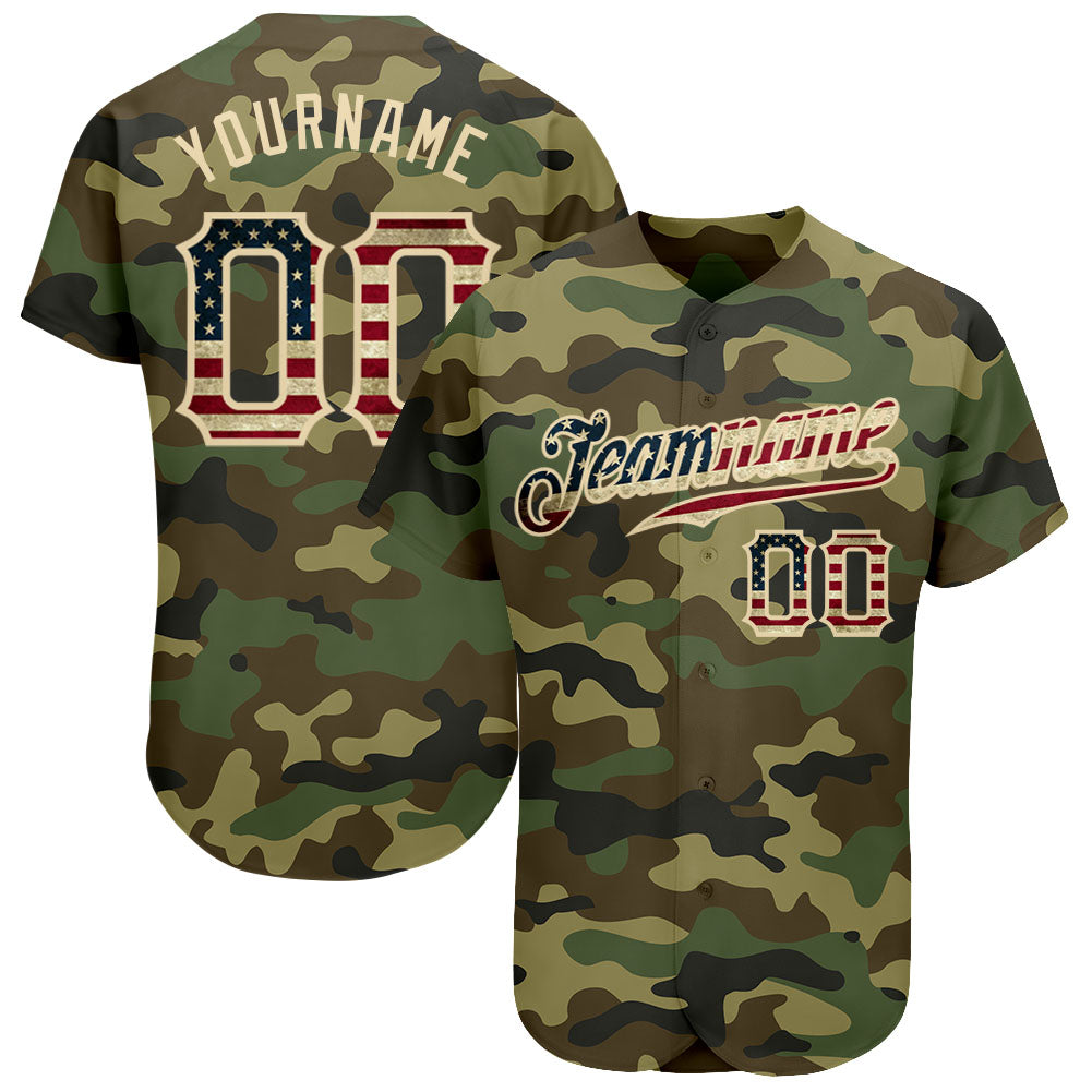 Custom Camo Vintage USA Flag-Cream Authentic Salute To Service Baseball Jersey