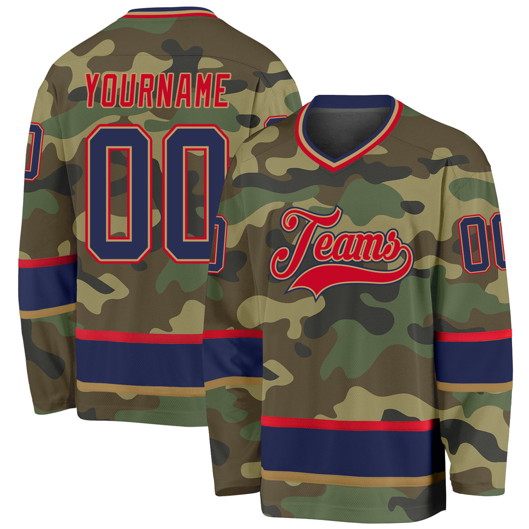 Custom Camo Navy-Red Salute To Service Hockey Jersey