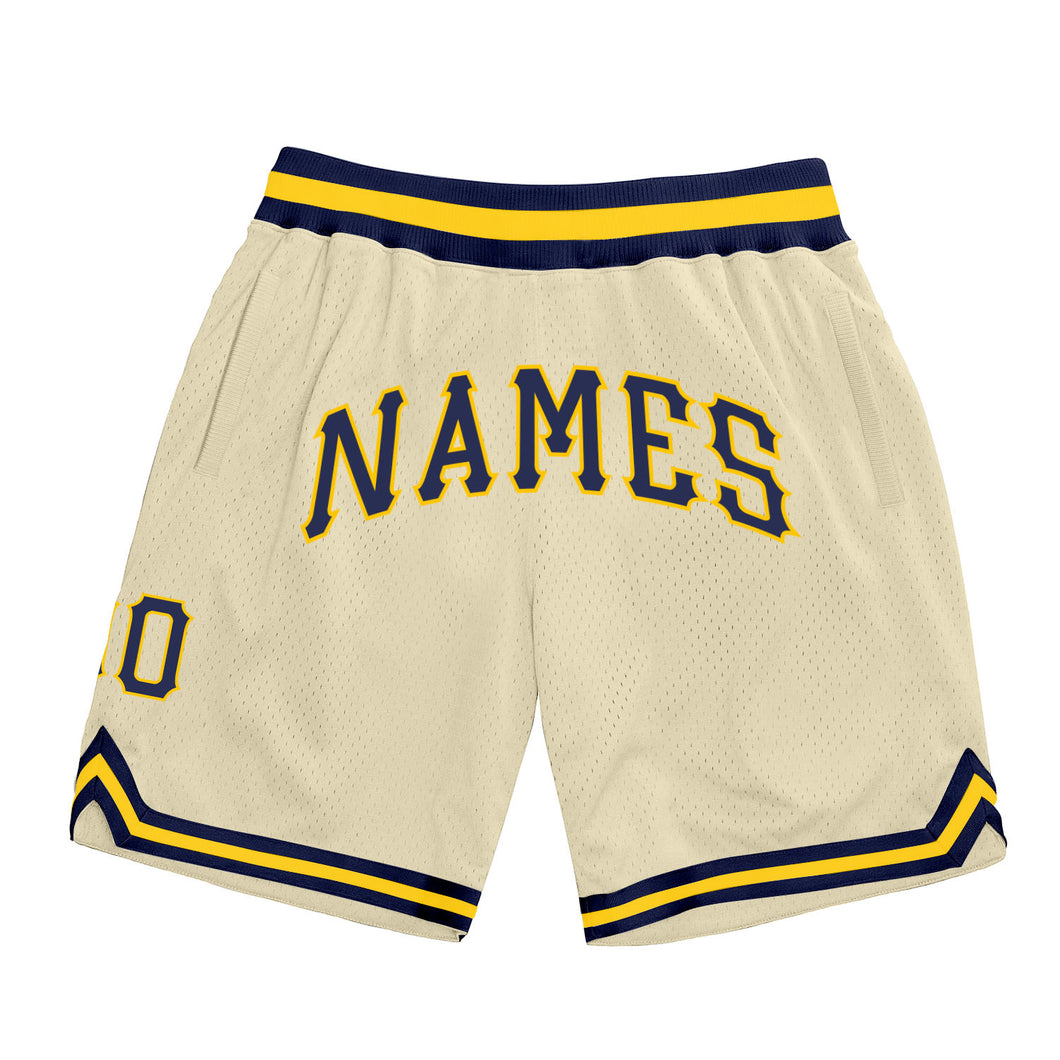 Custom Cream Navy-Gold Authentic Throwback Basketball Shorts