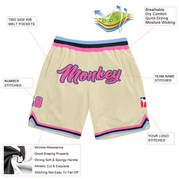 Custom Cream Pink-Light Blue Authentic Throwback Basketball Shorts