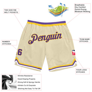 Custom Cream Purple-Gold Authentic Throwback Basketball Shorts